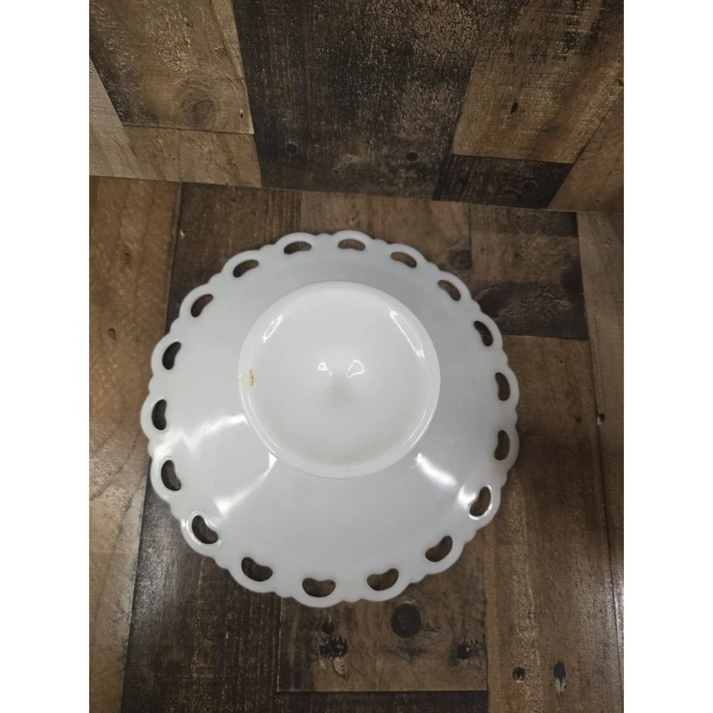 Vintage White Milk Glass Lace Edge Pedestal Cake Stand Compote Dish 10.5 Inch